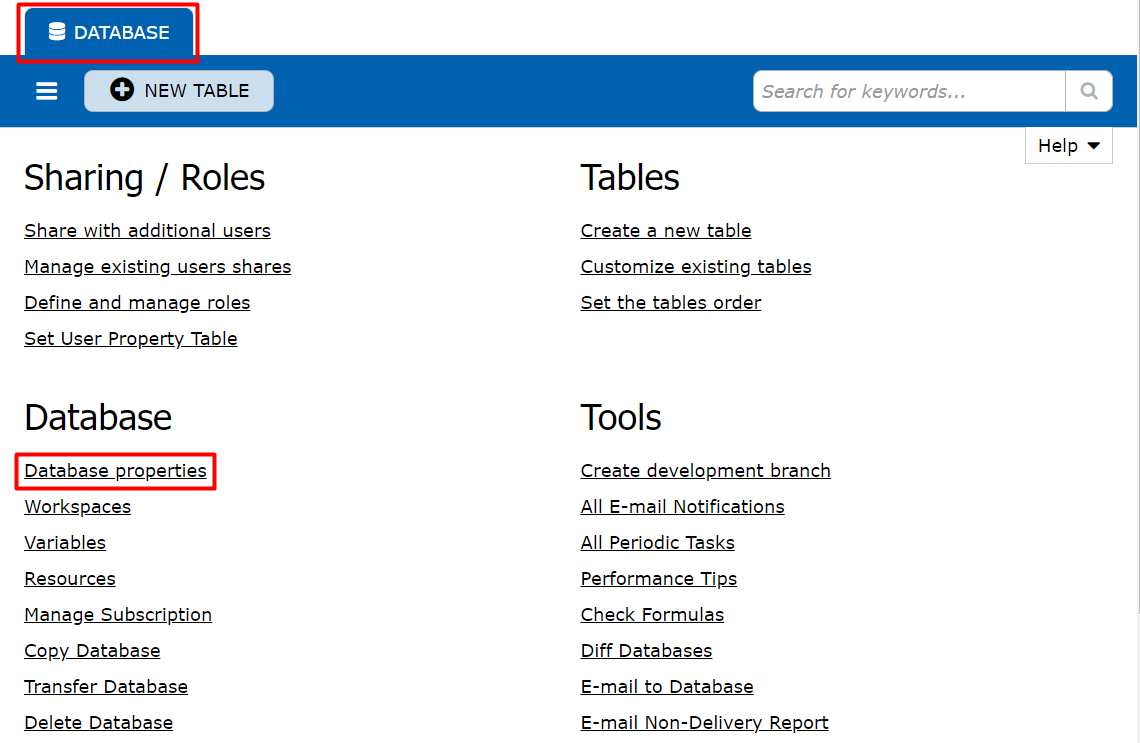 Database tab