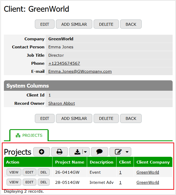 Projects table with a reference to the Client