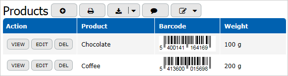 Barcodes in the products list