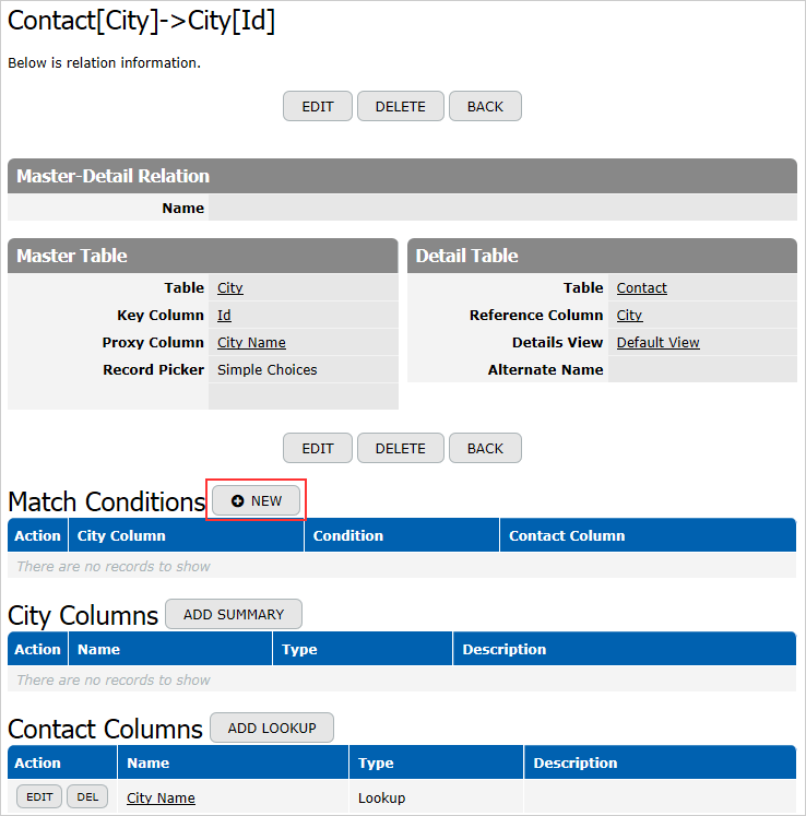 Match Conditions New button