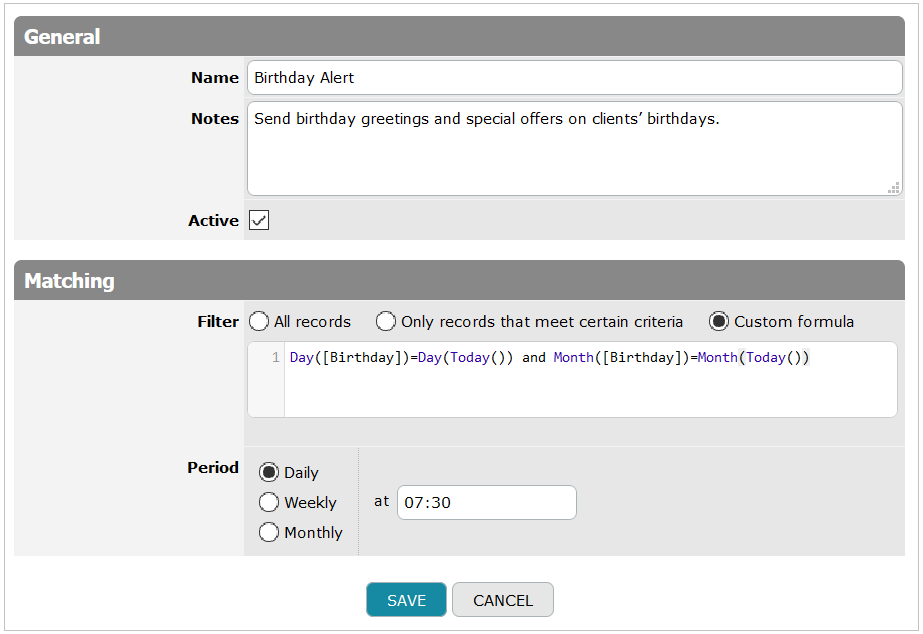 Birthday Trigger Settings