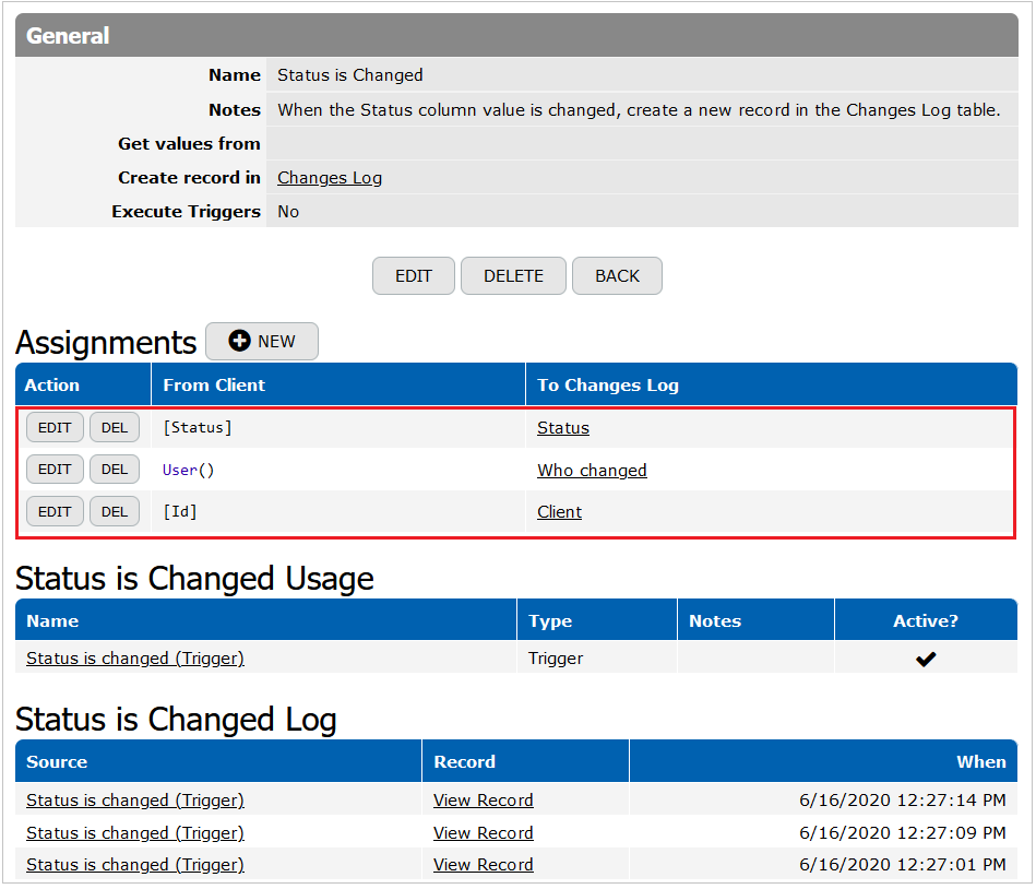 Create Record Action assignments