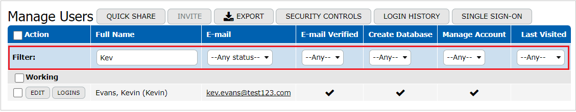 Manage Users Filter