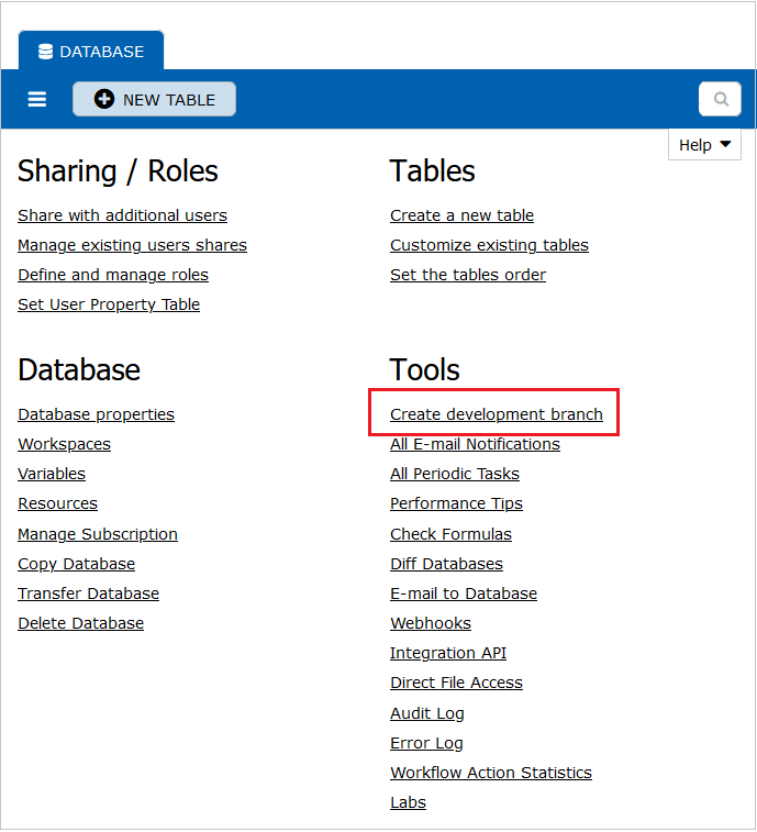 Create Development Branch Link