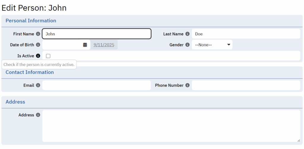 Edit form with tooltips