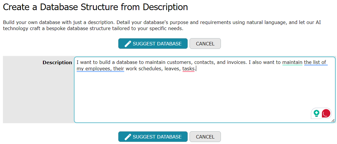 Suggest a database structure from description