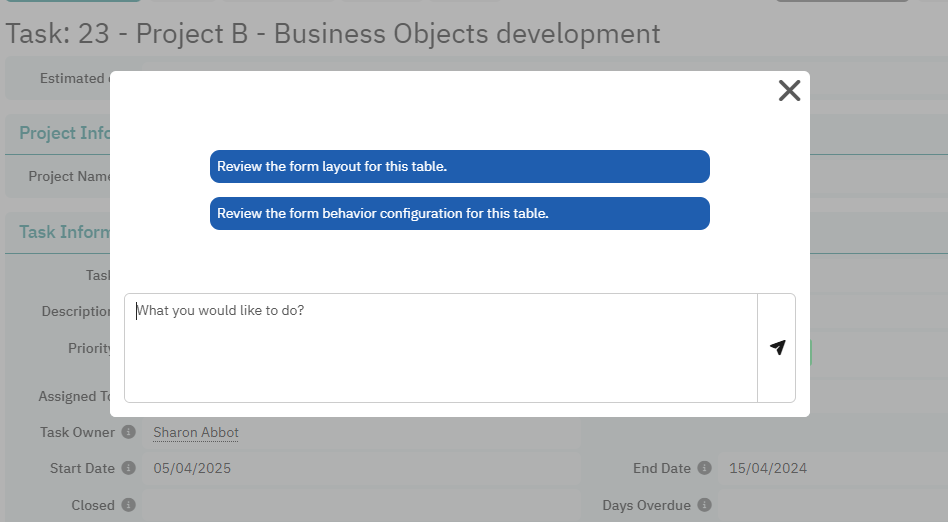 Form Designer pop-up